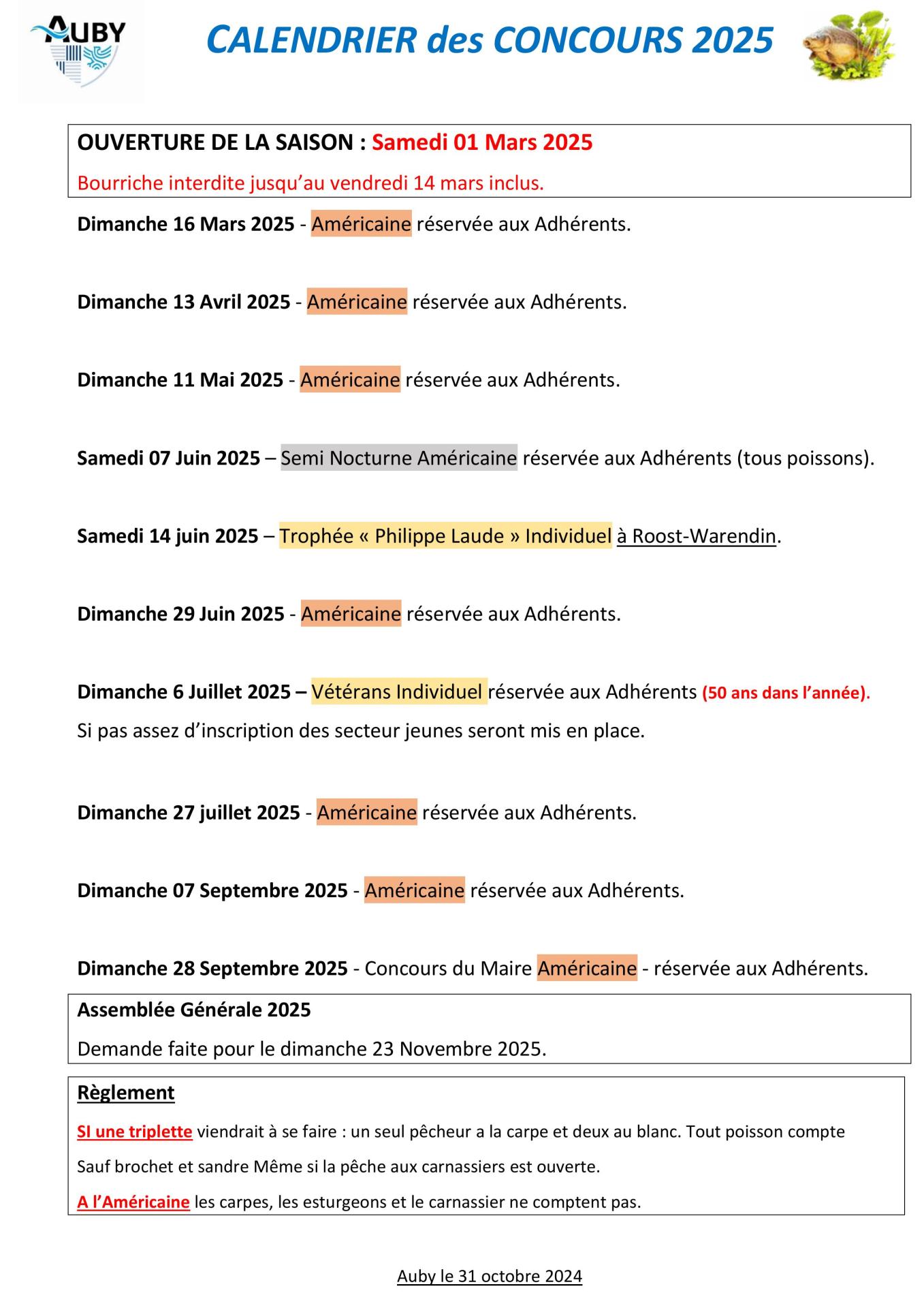 Calendrier des concours auby 2025 valide